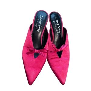 Lemon Drop Hot Pink Pointed Toe Satin Bow Accent Kitten Heel Mules Size 10